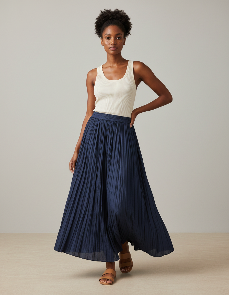 Jupe Longue Bleu Marine Plissée Fluide