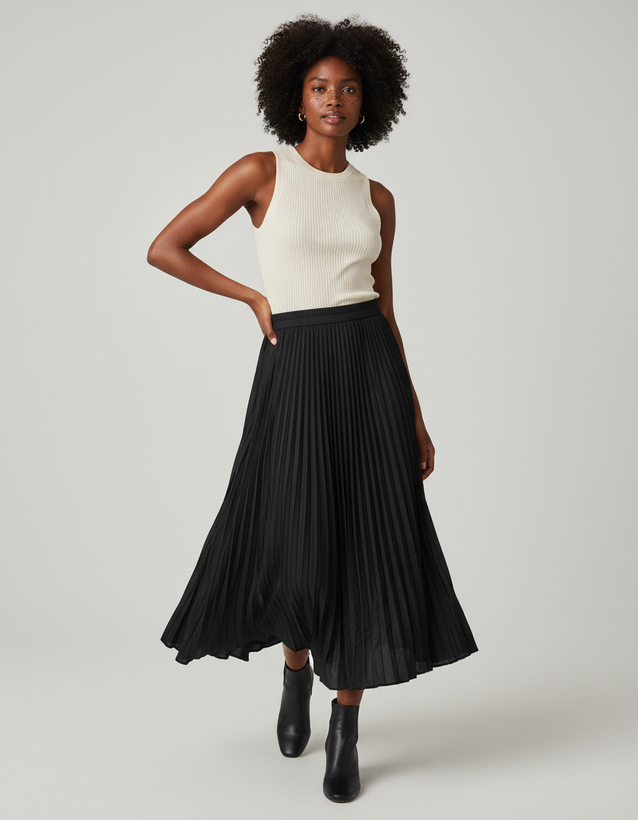 Jupe Plissée Noire Mi-Longue