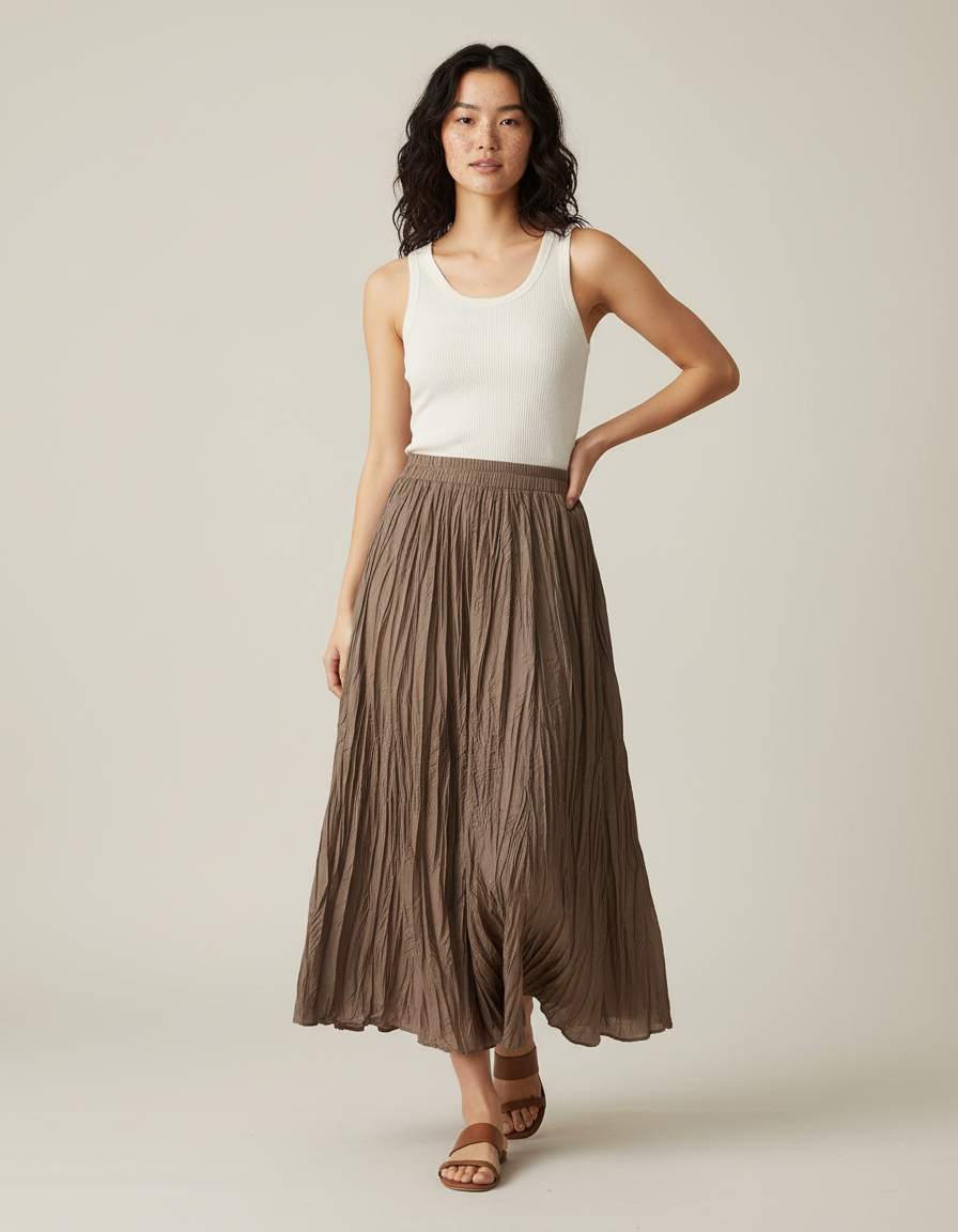 Jupe Longue Kaki Plissée Fluide