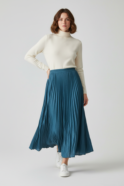 Jupe Longue Plissée Bleu Canard Fluide