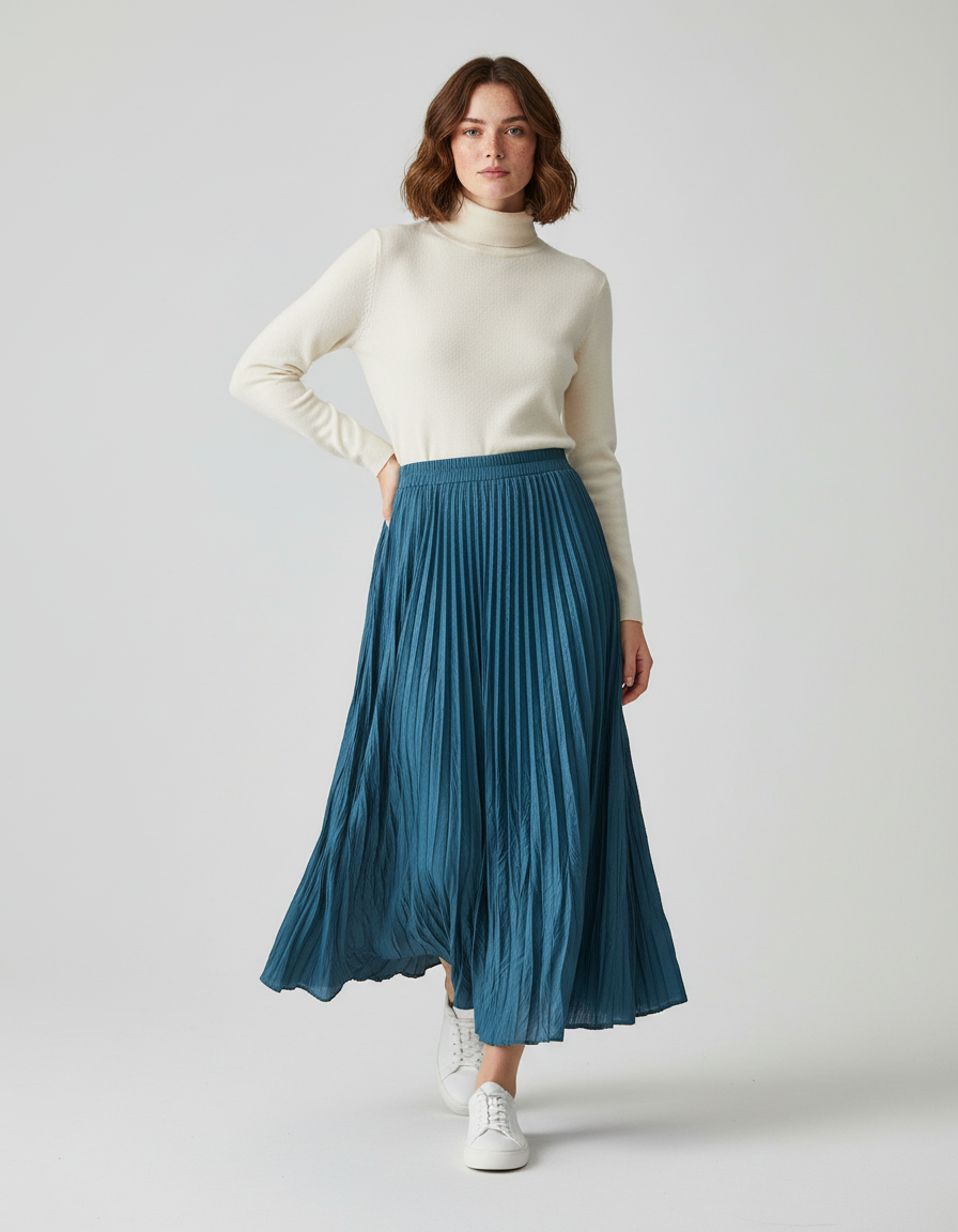 Jupe Longue Plissée Bleu Canard Fluide