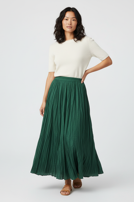 Jupe Longue Verte Plissée Fluide Femme