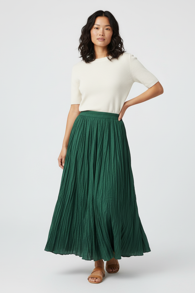 Jupe Longue Verte Plissée Fluide Femme