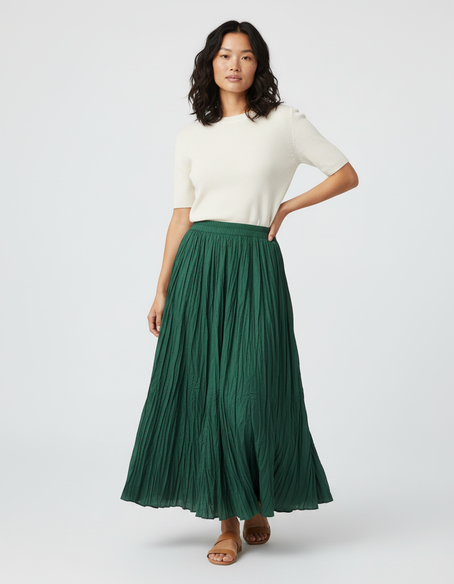 Jupe Longue Verte Plissée Fluide Femme