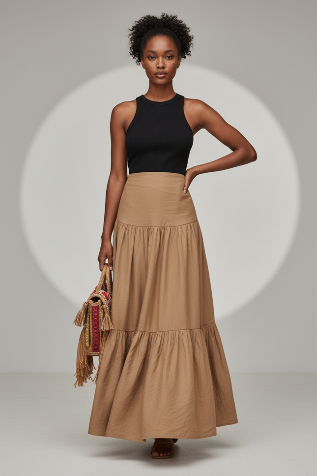 Jupe Longue Beige À Volants Décontractée