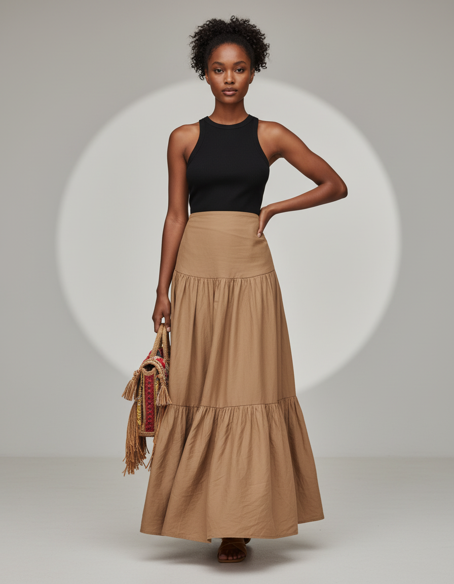 Jupe Longue Beige À Volants Décontractée