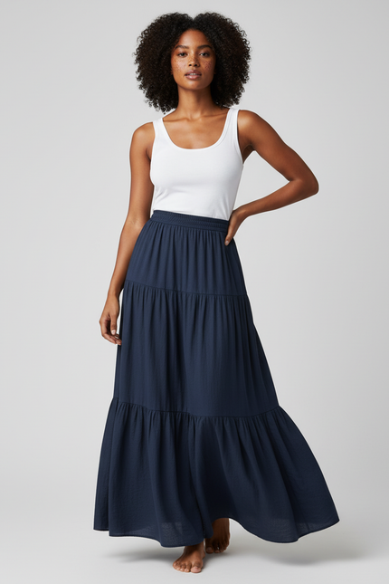 Jupe Longue Bleu Marine À Volants Fluide