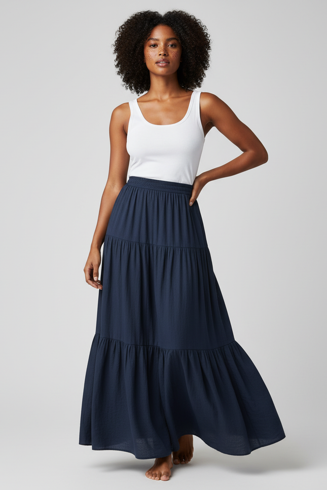 Jupe Longue Bleu Marine À Volants Fluide