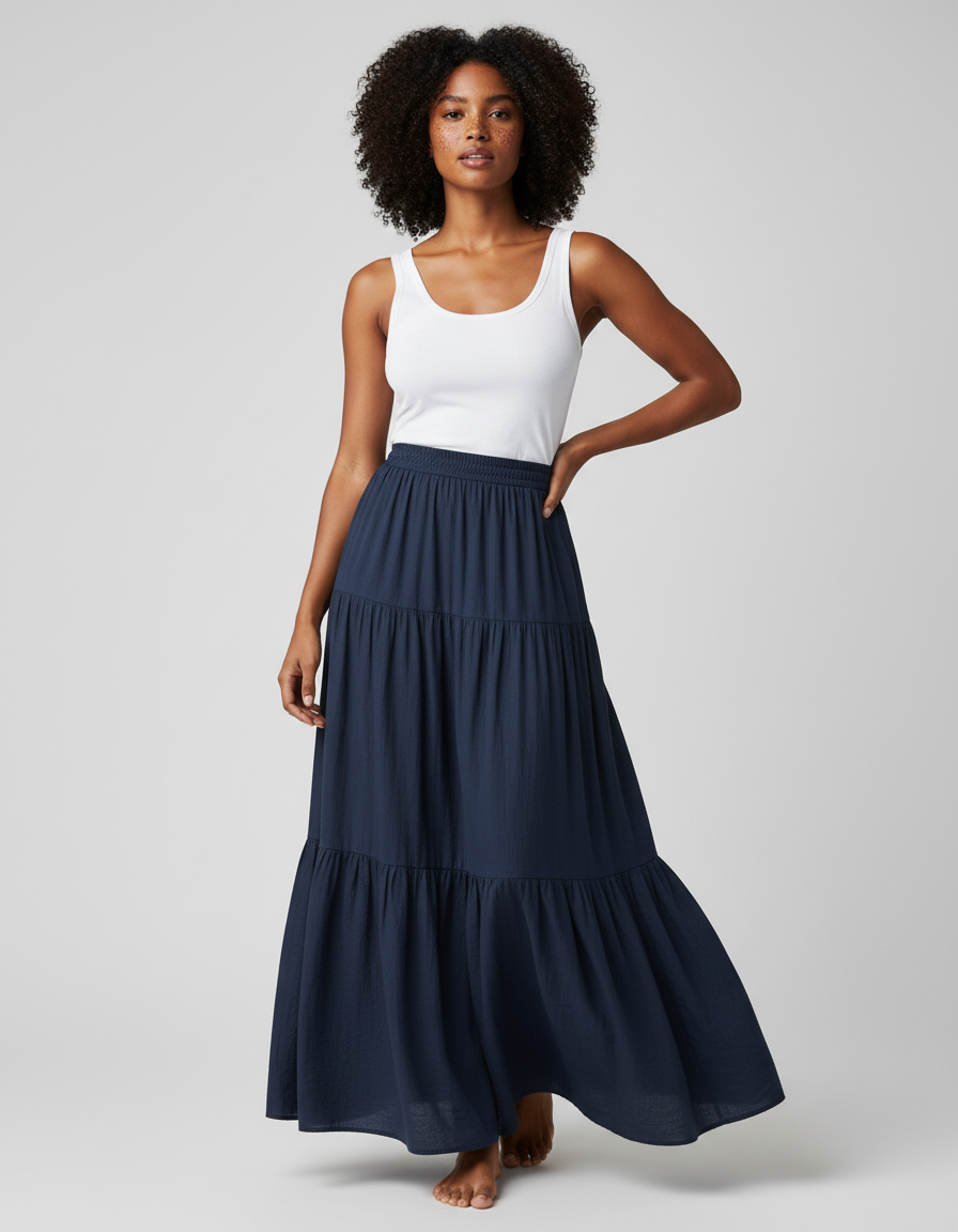 Jupe Longue Bleu Marine À Volants Fluide