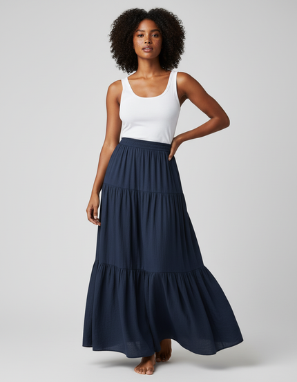 Jupe Longue Bleu Marine À Volants Fluide