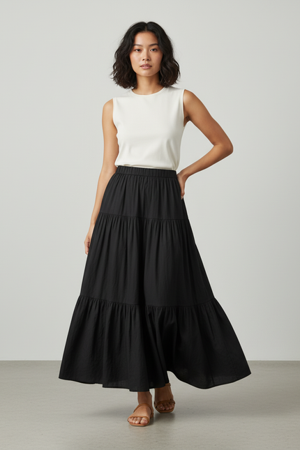 Jupe Longue Noire À Volants Fluide