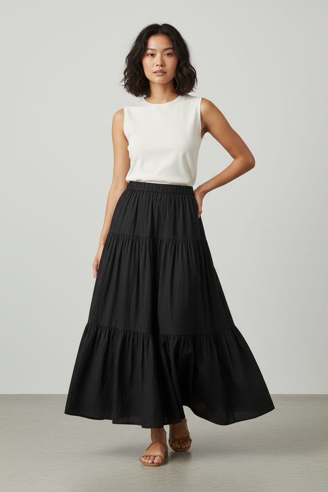 Jupe Longue Noire À Volants Fluide