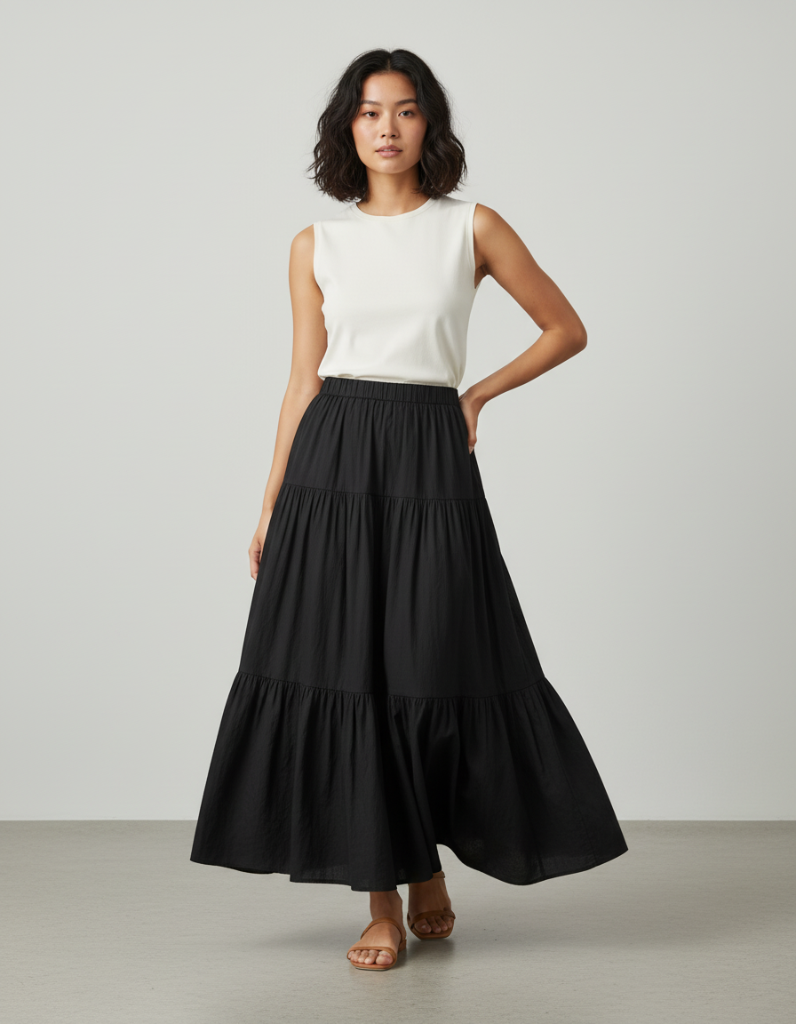Jupe Longue Noire À Volants Fluide