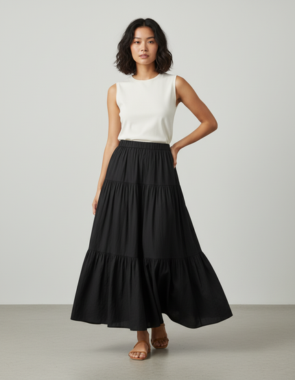 Jupe Longue Noire À Volants Fluide