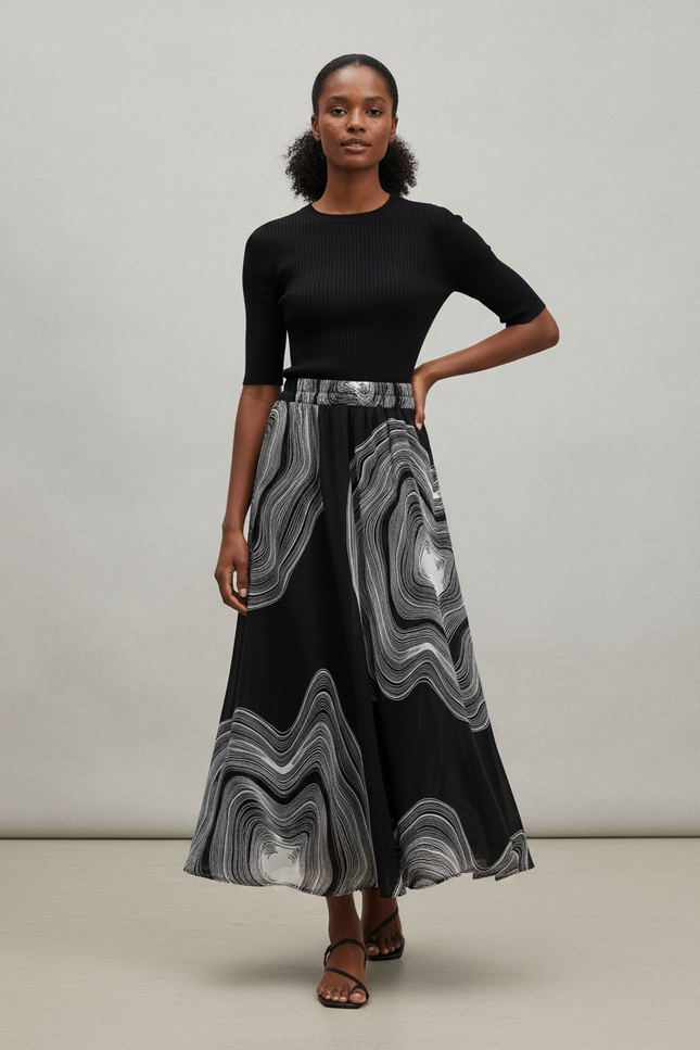 Jupe Longue Fluide Motif Ondulé Élégante