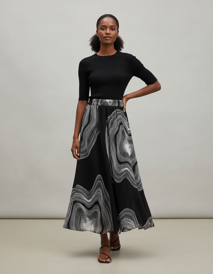 Jupe Longue Fluide Motif Ondulé Élégante