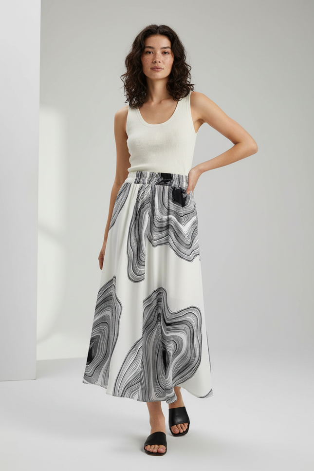 Jupe Longue Blanche Motif Abstrait Fluide