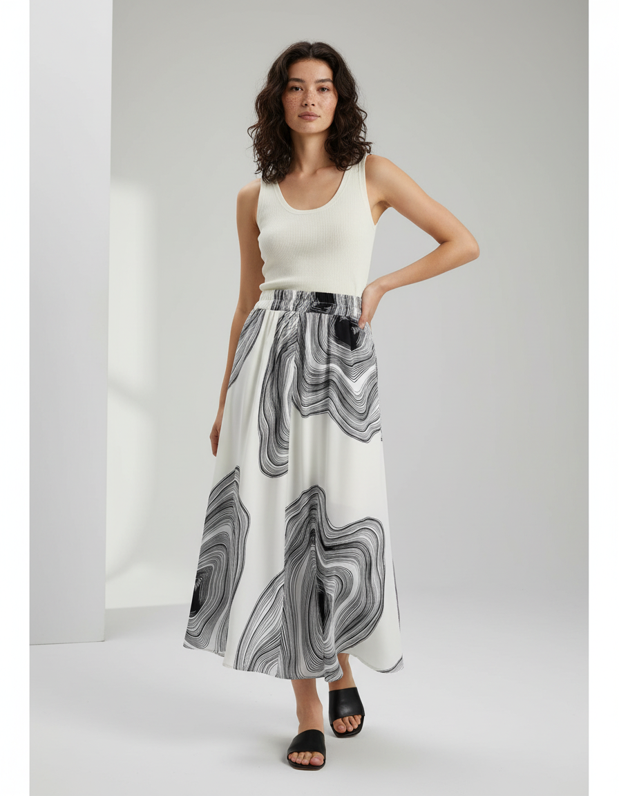 Jupe Longue Blanche Motif Abstrait Fluide