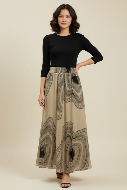 Jupe Longue Beige Motifs Abstraits Élégante