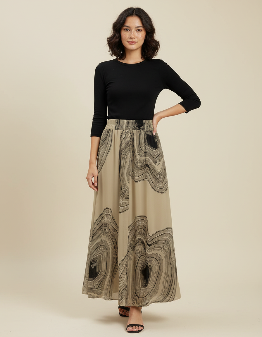 Jupe Longue Beige Motifs Abstraits Élégante