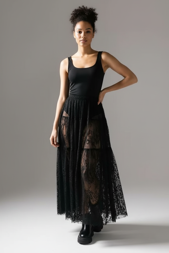 Jupe Longue Dentelle Noire Transparente Élégante Chic