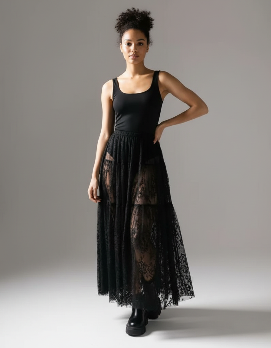 Jupe Longue Dentelle Noire Transparente Élégante Chic
