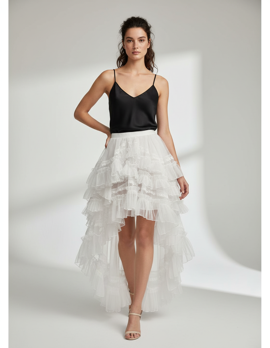 Jupe Longue Blanche À Volants Chic