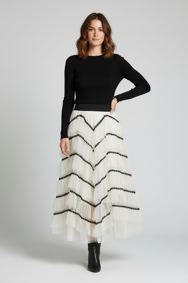 Jupe Longue Tulle Volants Contrastés Chic