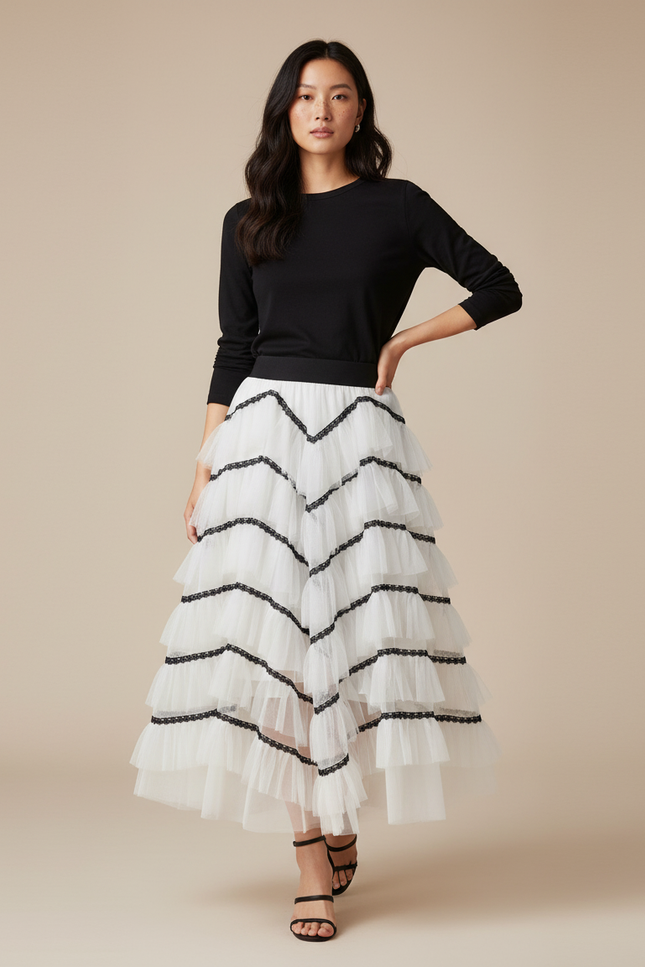 Jupe Longue Tulle Volantée Bicolore Chic