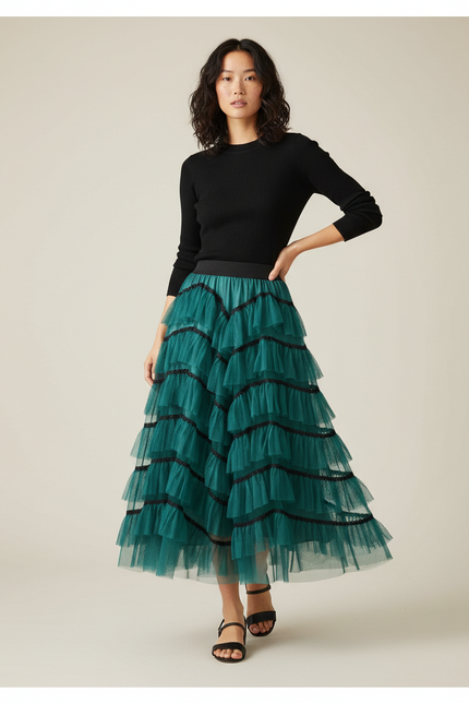 Jupe Longue Vert Émeraude Volants Chic
