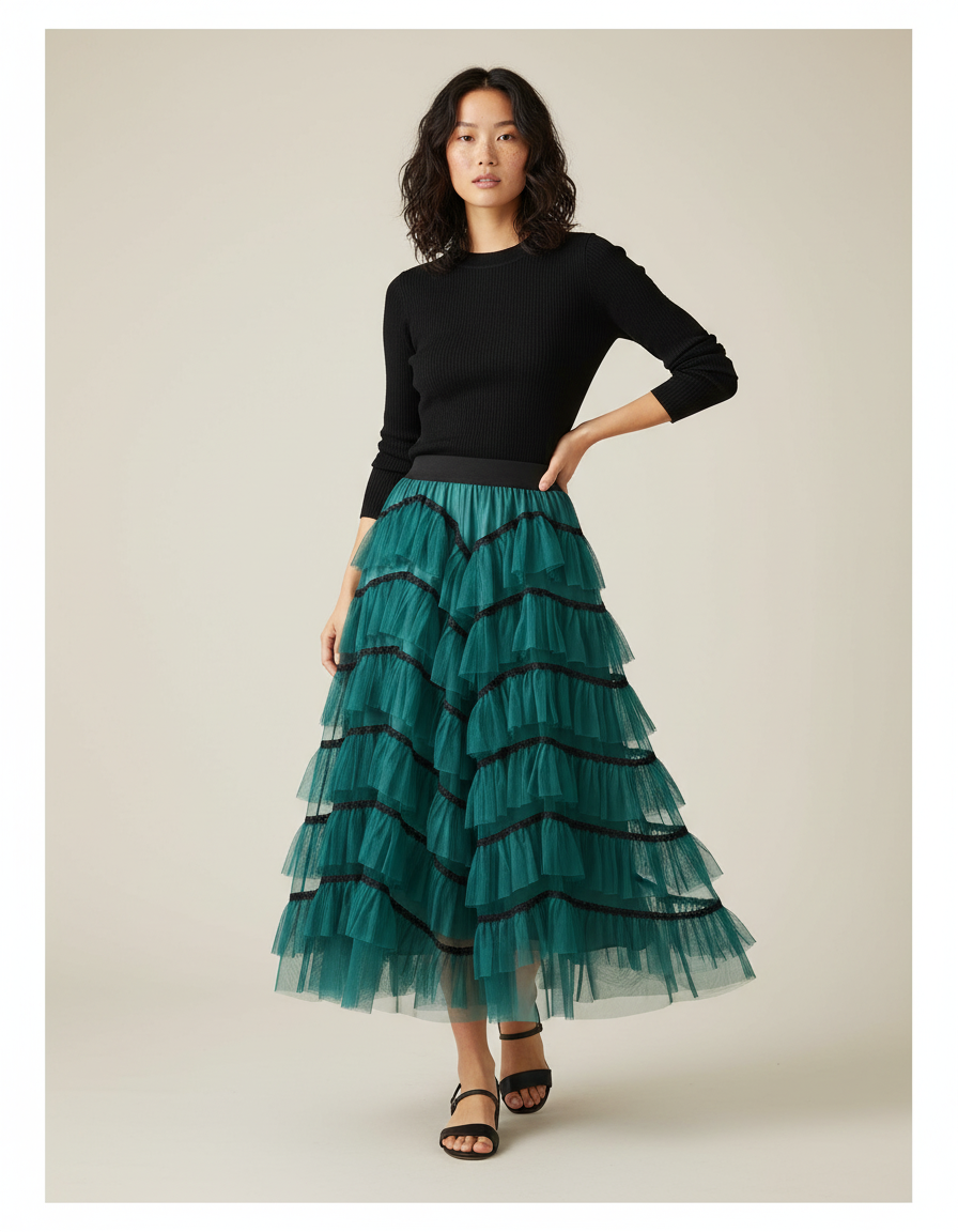 Jupe Longue Vert Émeraude Volants Chic