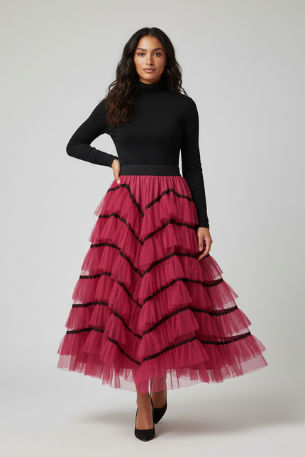 Jupe Longue Rose Fuchsia Volants Noirs Chic