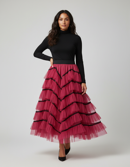 Jupe Longue Rose Fuchsia Volants Noirs Chic