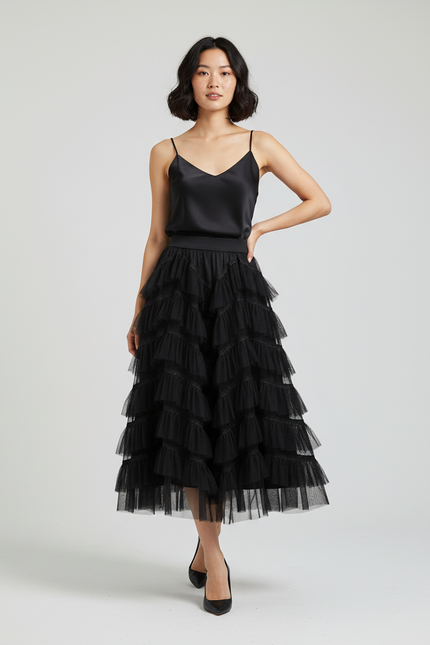 Jupe Longue Noire À Volants Chic Élégante