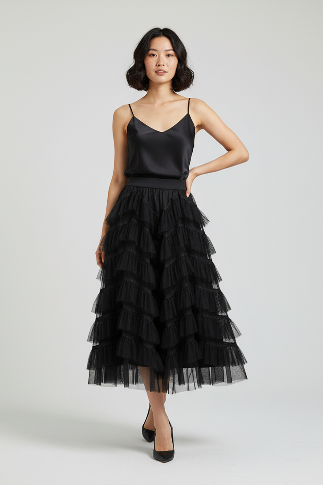 Jupe Longue Noire À Volants Chic Élégante