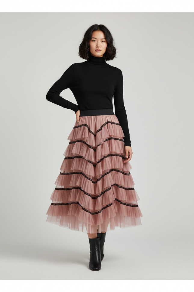 Jupe Longue Rose Poudré Volants Chic Femme