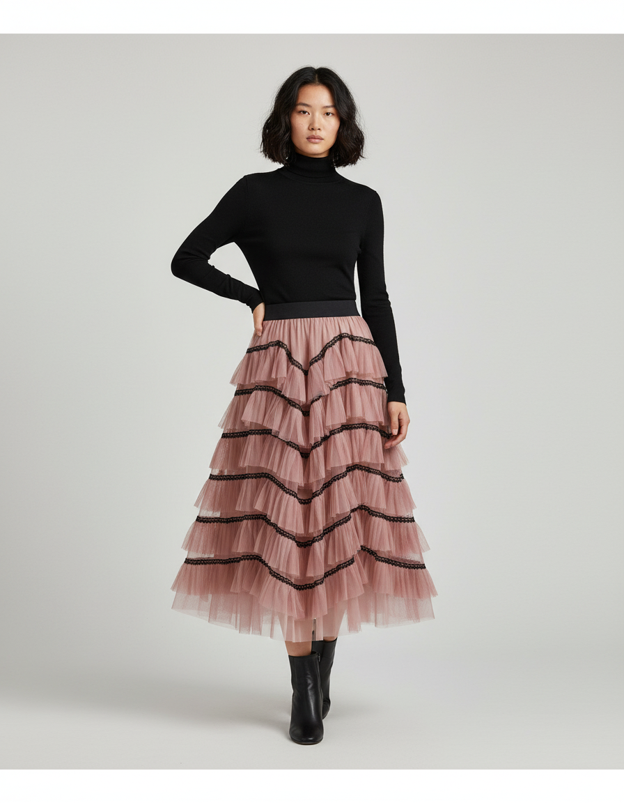 Jupe Longue Rose Poudré Volants Chic Femme