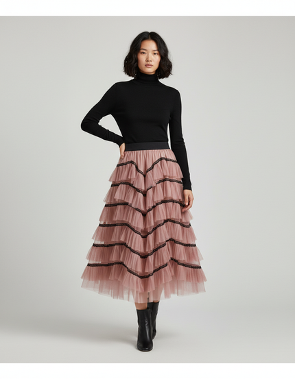 Jupe Longue Rose Poudré Volants Chic Femme