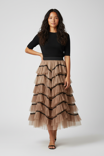 Jupe Longue Tulle Volants Beige Élégante