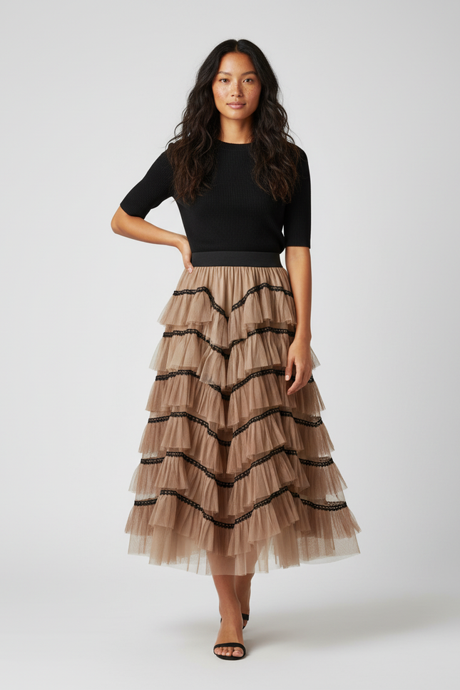 Jupe Longue Tulle Volants Beige Élégante