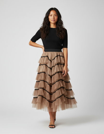 Jupe Longue Tulle Volants Beige Élégante