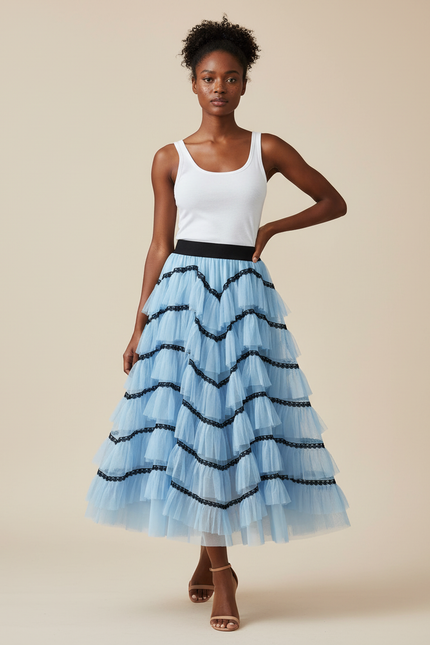 Jupe Longue Bleu Ciel Volants Chic