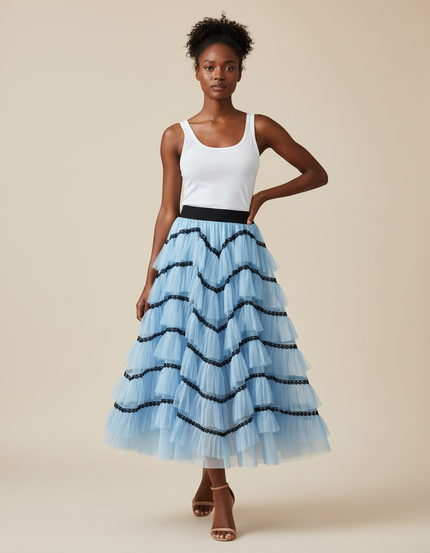 Jupe Longue Bleu Ciel Volants Chic