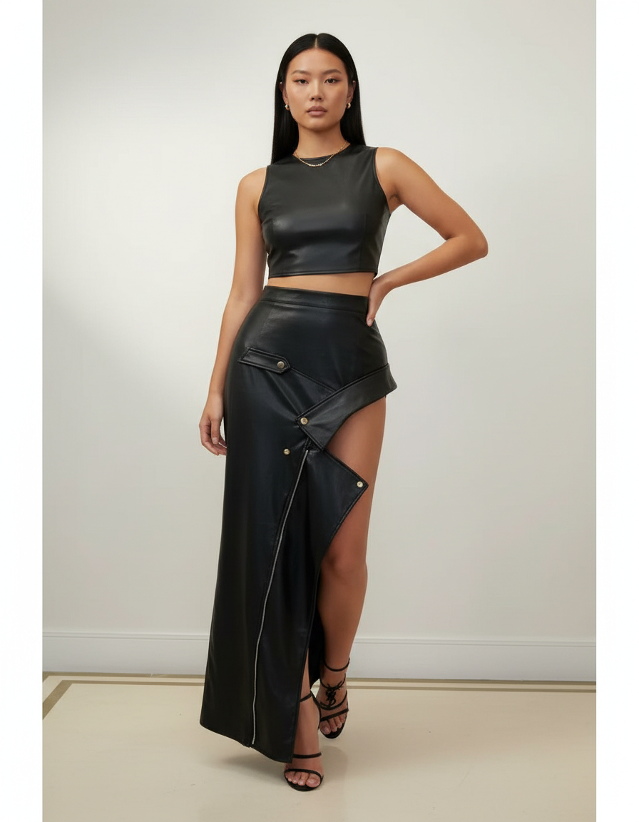 Jupe Longue Cuir Noir Asymétrique Chic