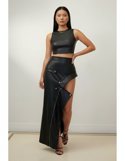 Jupe Longue Cuir Noir Asymétrique Chic
