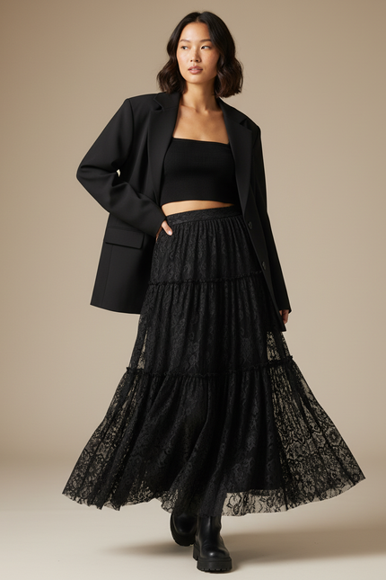 Jupe Longue Noire Dentelle Chic Soirée