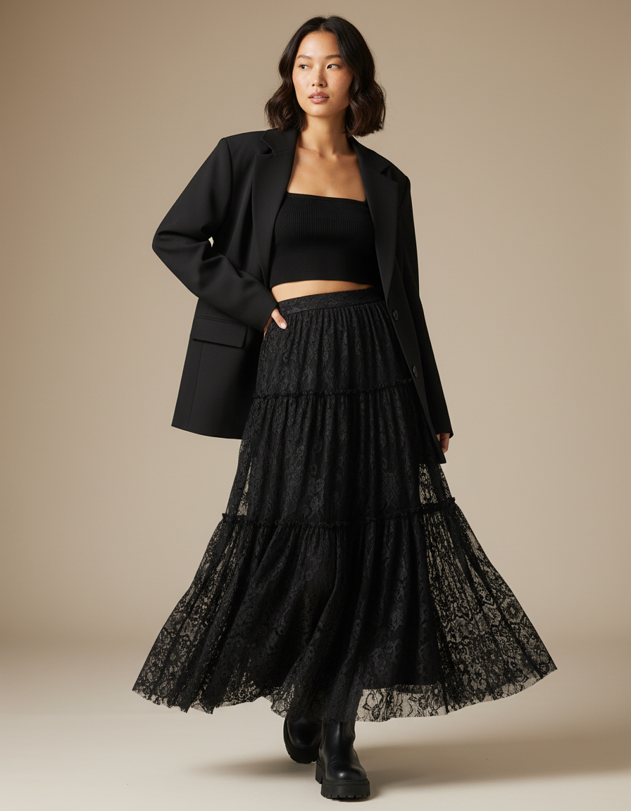 Jupe Longue Noire Dentelle Chic Soirée