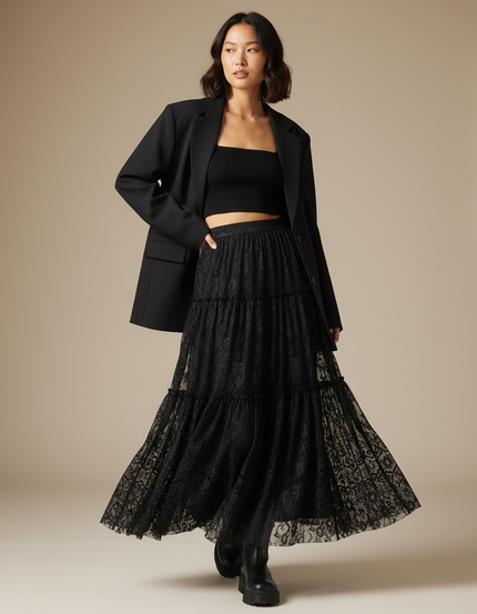 Jupe Longue Noire Dentelle Chic Soirée