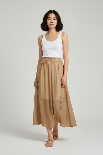 Jupe Longue Camel Broderie Fluide