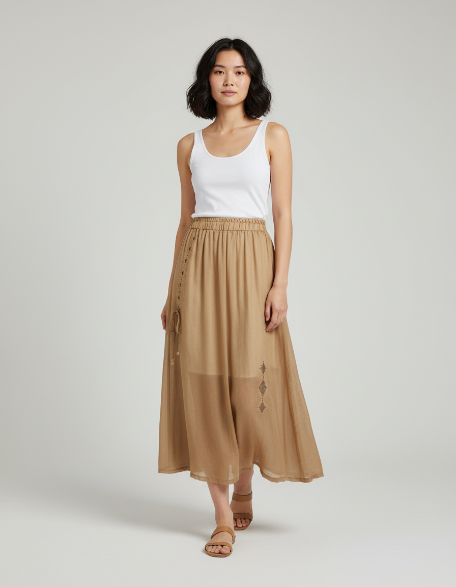 Jupe Longue Camel Broderie Fluide